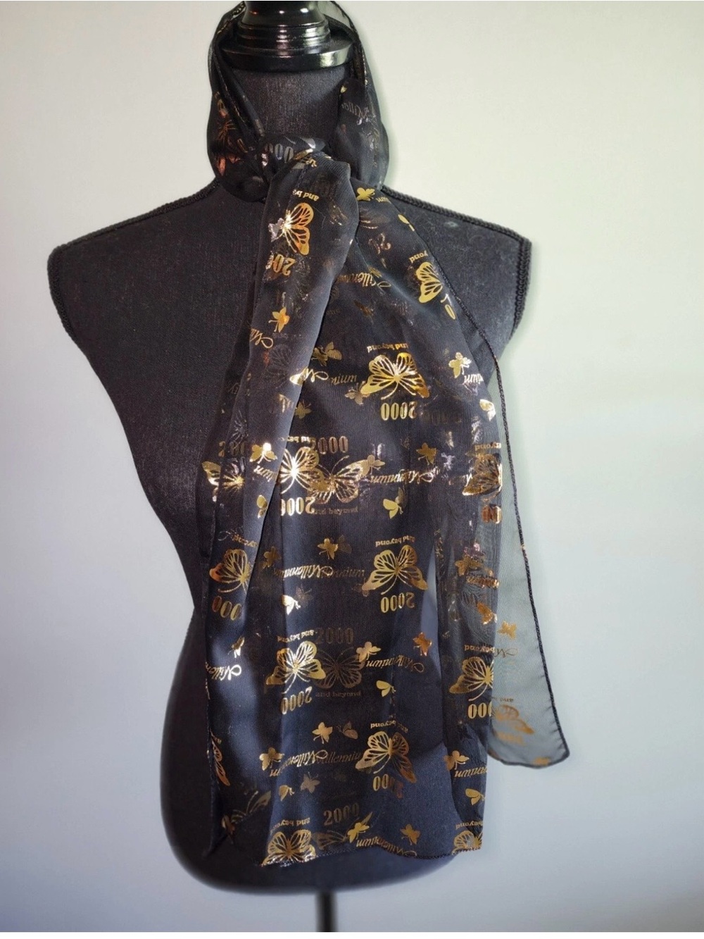 Y2K Black Sheer Scarf with Gold Butterfly Print